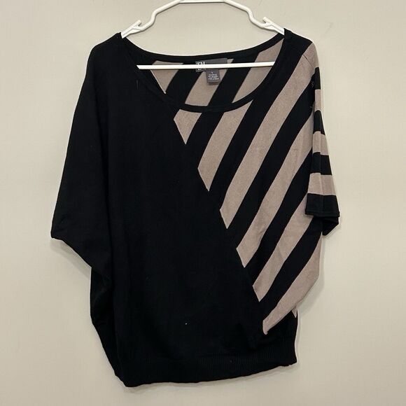 Chelsea & Theodore Top Sweater Womens Large Black Tan Knit Striped Pullover - Picture 1 of 9
